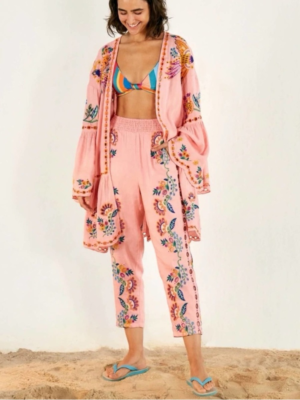 Farm Rio Richillieur Floral-Embroidered Pajama Pants